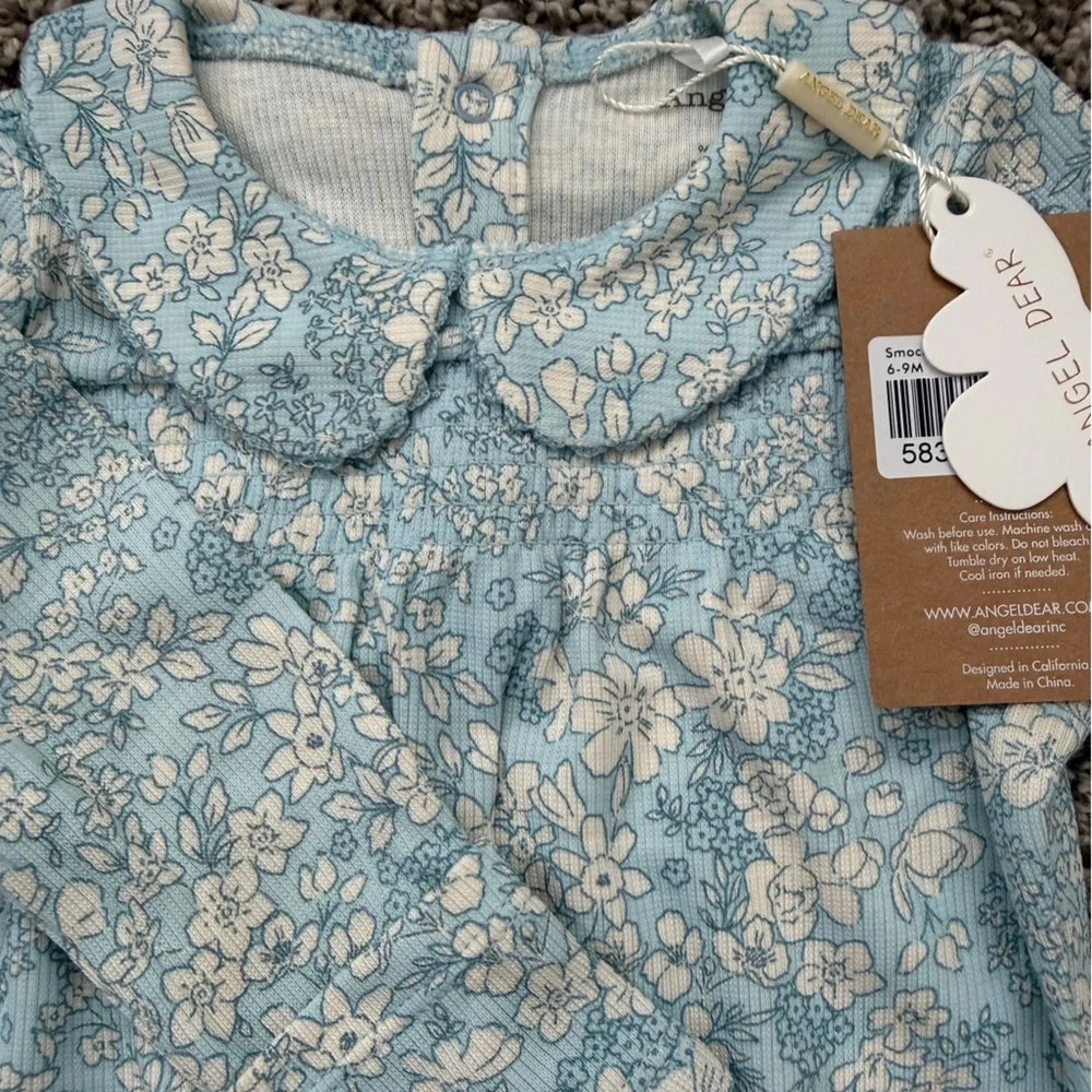 NWT Angel Dear Smocked Peter Pan Footie Blue Meadow Floral 6-9M - Picture 6 of 8